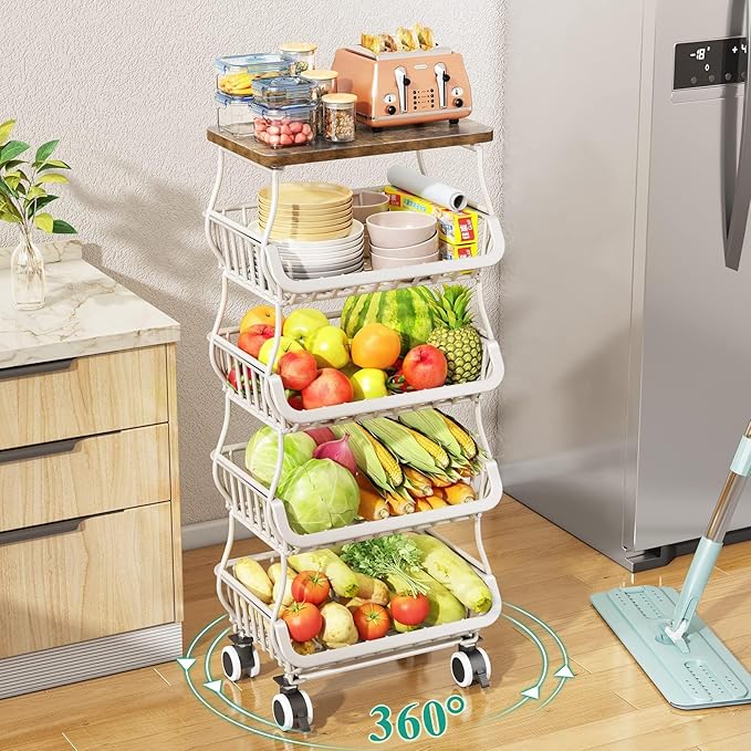 SAYZH Fruit Basket Kitchen Pantry Organizers and Storage - Wooden Top Table, Stackable Metal Wire Basket Stand Cart for Fruit Vegetable Snacks Onion Potato Organization (White, 5 Tiers)