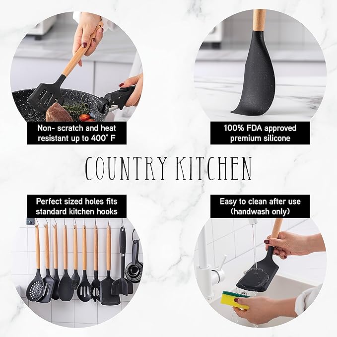 Country Kitchen Non Stick Silicone Utensil Set with Rounded Wood Handles for Cooking and Baking, 38 Piece Set, Black