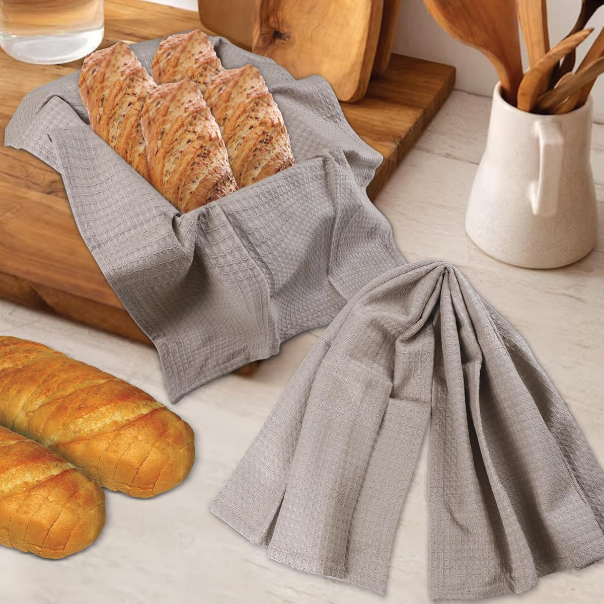 Urban Villa Kitchen Towels Waffle Dish Towels for Kitchen Smoke Color Set of 6 Over Sized 18x28 Inches Kitchen Towels Highly Absorbent 100% Cotton Mitered Corners Kitchen Hand Tea Towels Dish Cloths