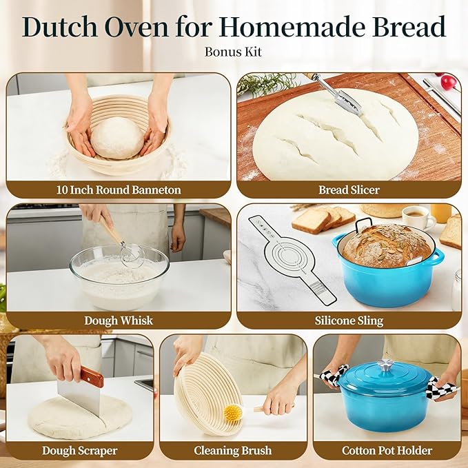 Enameled Cast Iron Dutch Oven with Lid -6.5 QT, incl. Sourdough Bread-Baking Supplies like Banneton Proofing Basket, Heavy Duty Cookware Bread-Oven for Baking, Stews, and Roasting, Sea blue
