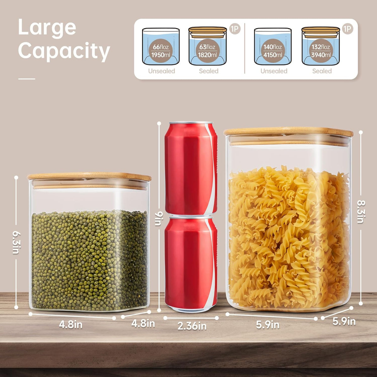 Extra Large Square Glass Flour & Sugar Storage Containers with Airtight Lids, 132oz & 63oz - 2 Pack Glass Jars with Bamboo Lids, Air tight Pantry Food Storage Containers for Cereal, Pasta, Rice