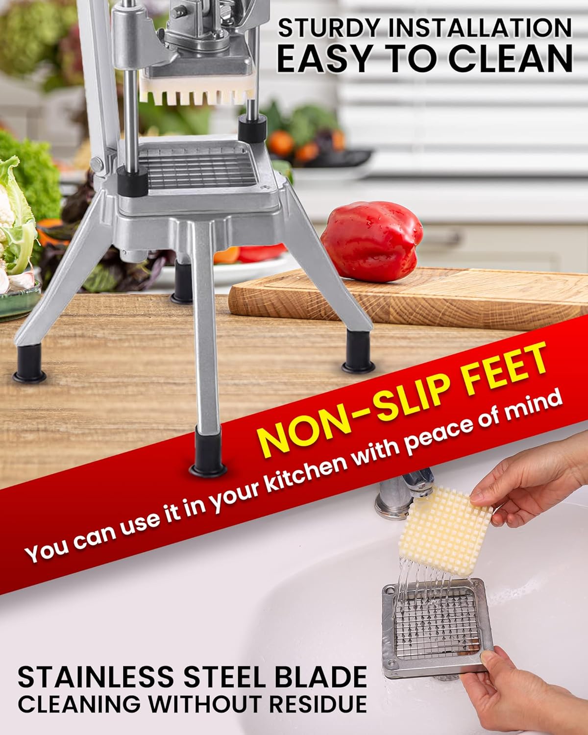 French Fry Cutter Commercial Potato Chopper Stainless Steel Vegetable Dicer Fruit Slicer for Onion,Cabbage,Carrots,Potato,Mushroom,with 4 Blades(1/4",3/8",1/2",8 wedge slice)
