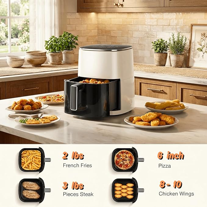 Airfryer 12-in-1,Large Air Fryer 6QT, Square Airfryers Non Toxic, Cooking, Fries, Custard, Chicken Wings, Sea Food, Vegetabels, Nonstick & Easy-Clean Basket, Beige