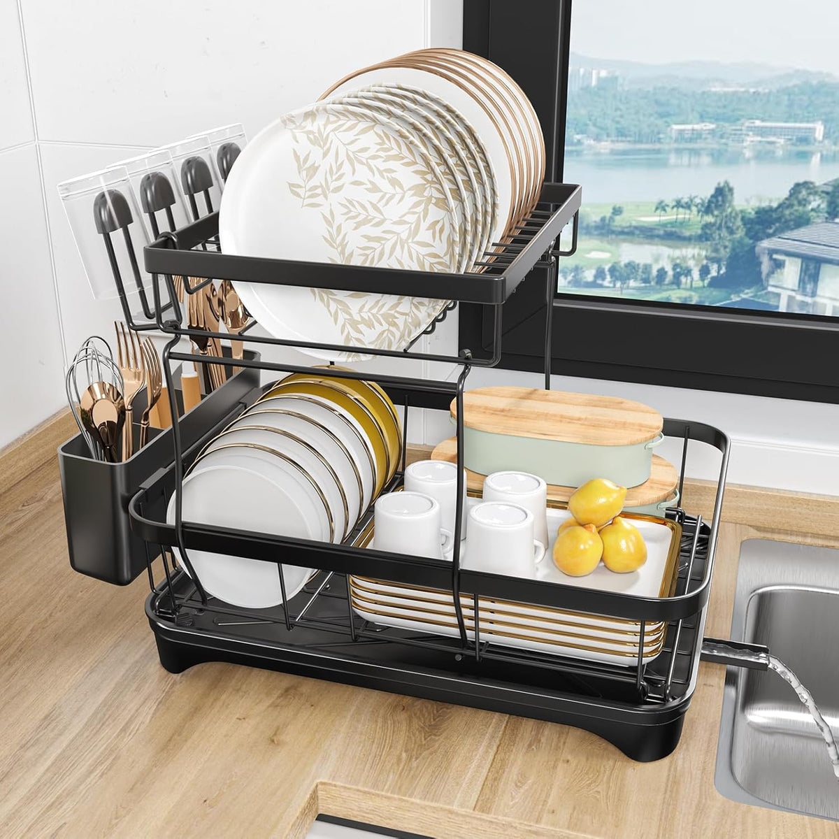 Dish Drying Rack, 2-Tier Large Dish Drying Rack for Kitchen Counter – Space Saving Dish Drainer Organizer with Utensil Holder and Cutlery Tray, Black
