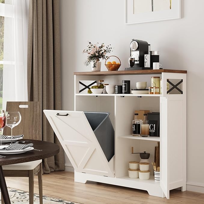 Befrases Tilt Out Trash Can Cabinet for 13 * 1 Gallon Trash Can, Farmhouse Kitchen Island Cabinet with Adjustable Shelf for Hidden Laundry Basket, Dog Proof Garbage Can for Dining Living Room, White