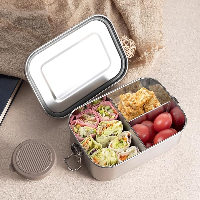 GOLDEN KEY 27oz Stainless Steel Lunch Box for Kids,BPA Free Bento Box for Kids with Leakproof Condiment Container,3 Compartment Bento box for School and Eating Out,Freezer & Dishwasher Safe(Brown)
