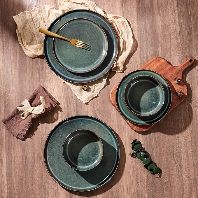 E-far Dinnerware Sets for 4, 12-Piece Stoneware Plates and Bowls Set, Ceramic Dishes Reactive Glaze Dinning Ware, Microwave & Dishwasher Safe - Obsidian Green