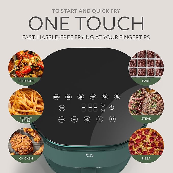WILLOW Eco Series 6 in 1 Air Fryer with Glass Basket, 5 Quart Non Toxic Air Fryer w Digital Display, 430°F Max Temp, Preheat & Keep Warm Function, Compact + Dishwasher Safe Glass Airfryer - GREEN