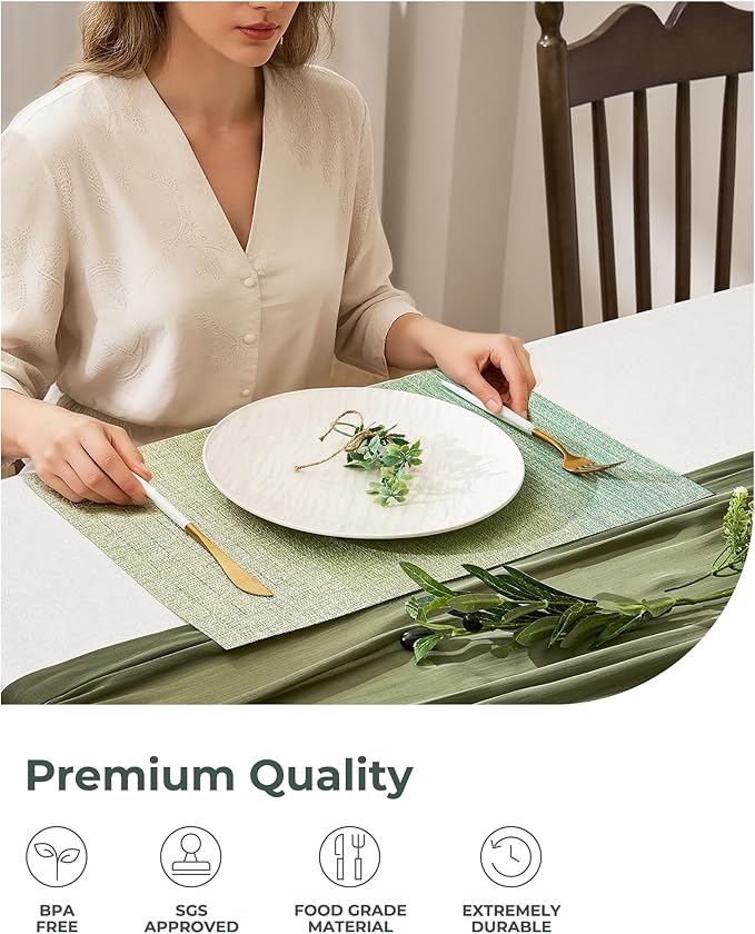 Leetaltree Gradient Green Woven Placemats Set of 24 - Heat Resistant Non-Slip Place mats for Dining Table, Washable Durable PVC Vinyl Woven Table Mats(Gradient Green, 24)