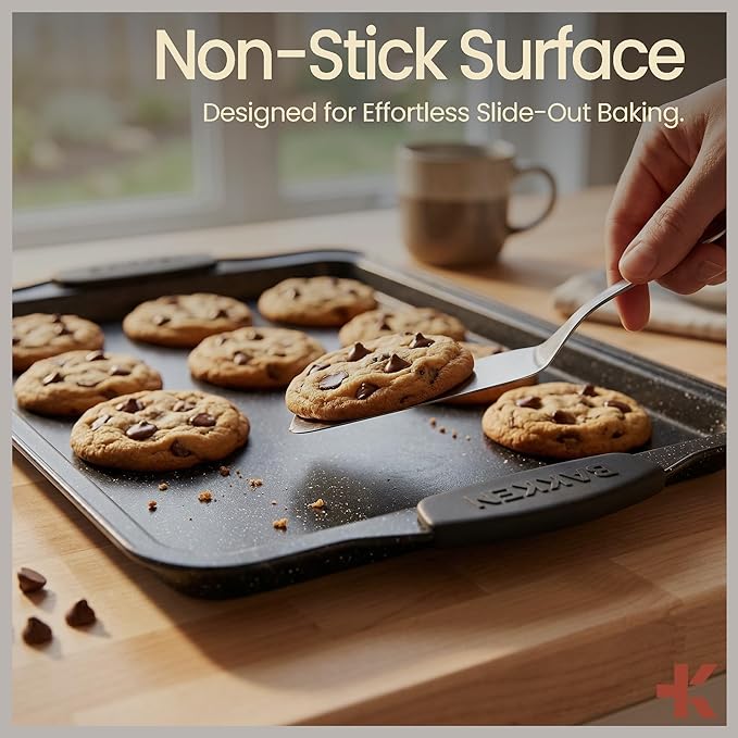 BAKKEN Kitchen Baking Pans - 15.15 x 10.03" Medium Nonstick Sheet, Durable Carbon Steel Cookie Sheet with Gray Silicone Handles, PFOA, PFOS, PTFE Free, Oven Safe Tray (Up To 450°F), Set of 1