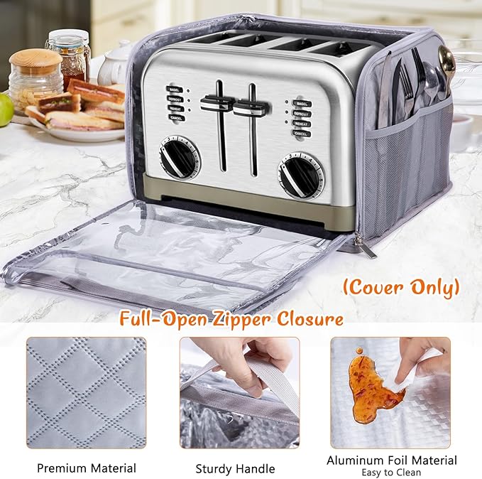 BAGSPRTIE Toaster Cover for 4 Slice Wide Slot, Full Open Dust Covers for Kitchen Appliances Compatible with Cuisinart, BELLA, Black and Decker 4 Slices, Toaster Bags with Zipper Closure (Cover Only)