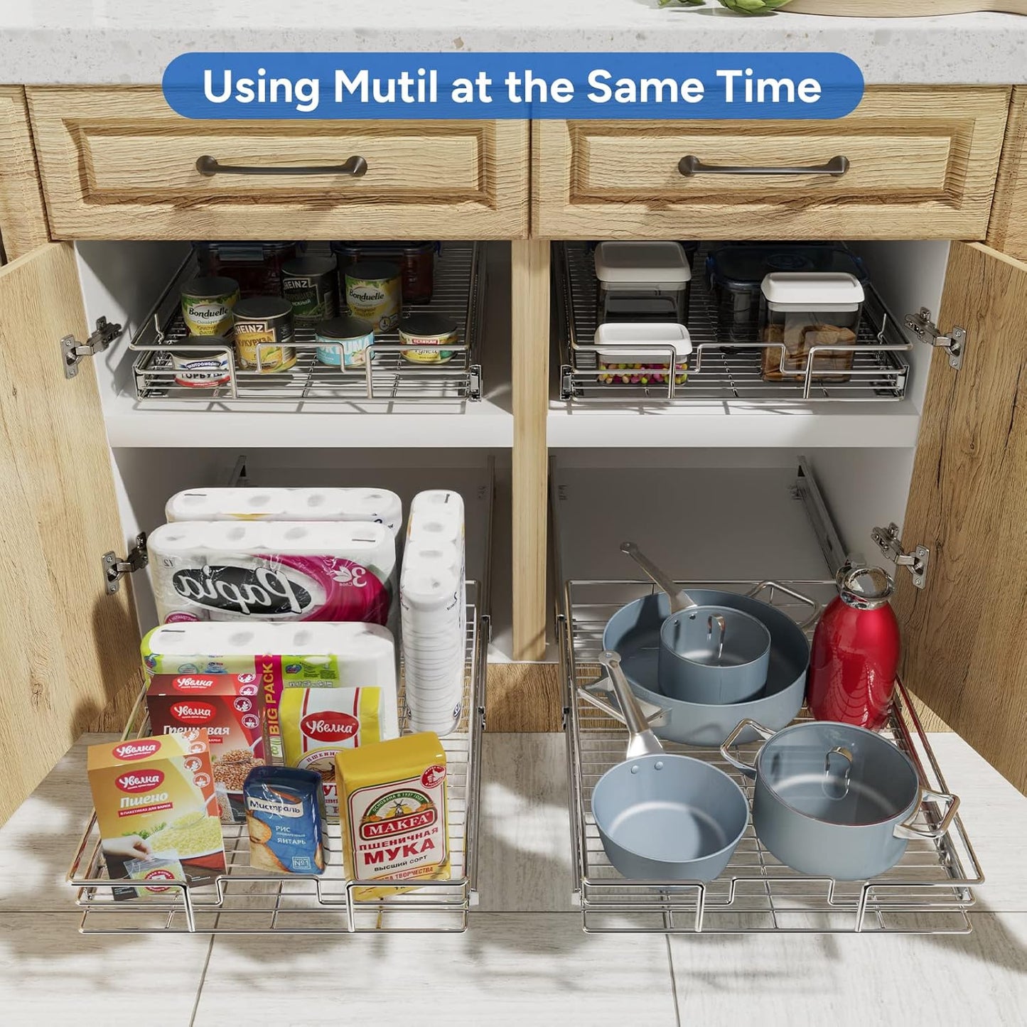 ROOMTEC Pull Out Cabinet Organizer, Cabinet Pull Out Shelves 25½" W x 21½" D, Heavy Duty Cabinet Drawers Slide Out Kitchen Cabinet Organizers Storage Shelf