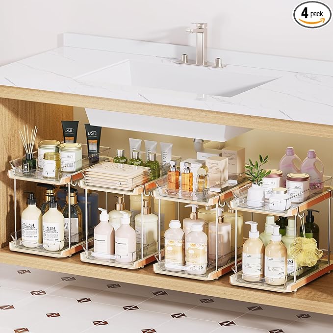 Delamu 2 Tier Bathroom Under Sink Organizers and Storage with Hook, Multi-Purpose Cabinet Drawers with Movable Dividers, Pull Out Organization for Countertop, Kitchen and Pantry(Wood Grain, 4 Pack)