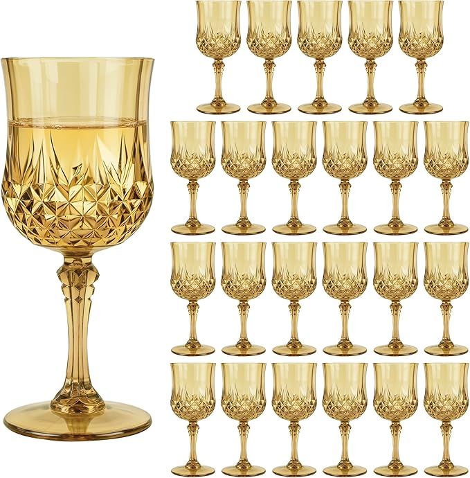 Plastic Wine Glasses, Plastic Goblets Vintage Style Cordial Unbreakable Drinking Glasses, Reusable Drinkware for Wedding Reception, Grand Event Party Supplies (24, Gold)