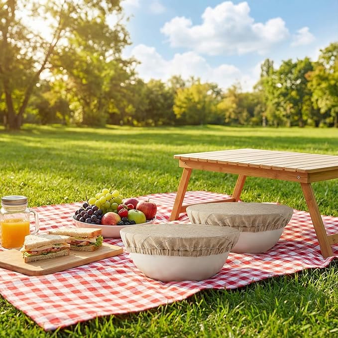 100% Pure Linen Bowl Covers For Bread Proofing, 2 Pcs 10 Inches Elastic Reusable Bowl Covers Large Ticking Striped Cloth Fabric Stretch Sourdough Lids