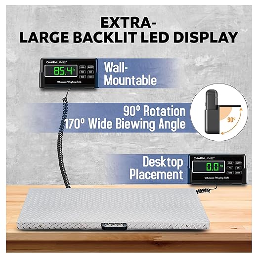 Charmline 1100lbs x 0.2lbs High Accuracy Digital Postal Scale with 41x21 in Large Stainless Steel Platform, Heavy Duty Scale for Dog, Pig, Goat Sheep, Battery & AC Adapter Powered, Slip-Resistant