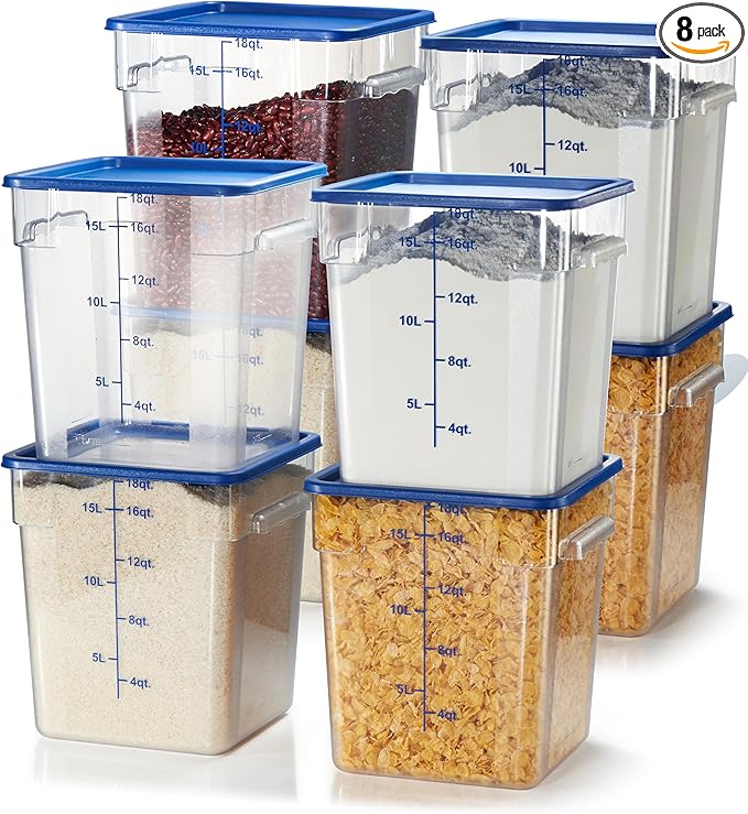 CURTA 8-Pack 18 Qt NSF Clear Polycarbonate Food Storage Containers with Blue Lids - Square, Commercial-Grade, Freezer & Dishwasher Safe, Stackable