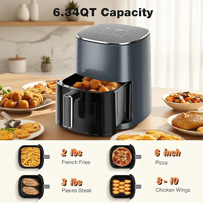 Airfryer 12-in-1,Large Air Fryer 6QT, Square Airfryers Non Toxic, Cooking, Fries, Custard, Chicken Wings, Sea Food, Vegetabels, Nonstick & Easy-Clean Basket