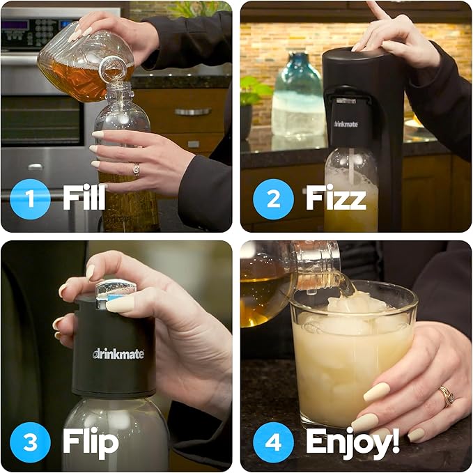 Drinkmate OmniFizz Sparkling Water Maker & Soda Streaming Machine | Carbonates Any Drink | PREMIUM KIT | Includes Four 60L CO2 Cartridges + One BPA-Free Bottle (Matte Black)