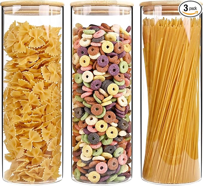 SHOWIN 73oz Glass Pasta Storage Jars, Tall Glass Jars with Bamboo Lids, Spaghetti Container, Set of 3, Kitchen Storage Containers for Pasta, Pantry Organizers