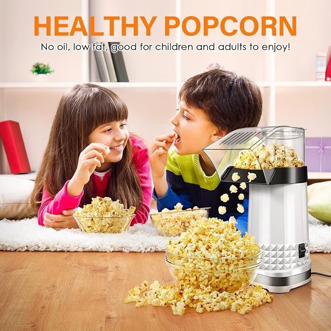 Popcorn Maker Machine 1200W, 4.5-Quart Air Popper Popcorn Maker, 2-Minute Oil-Free Hot Air Popcorn Popper, Easy Clean, No Unpopped Kernels, Healthy Family Snack