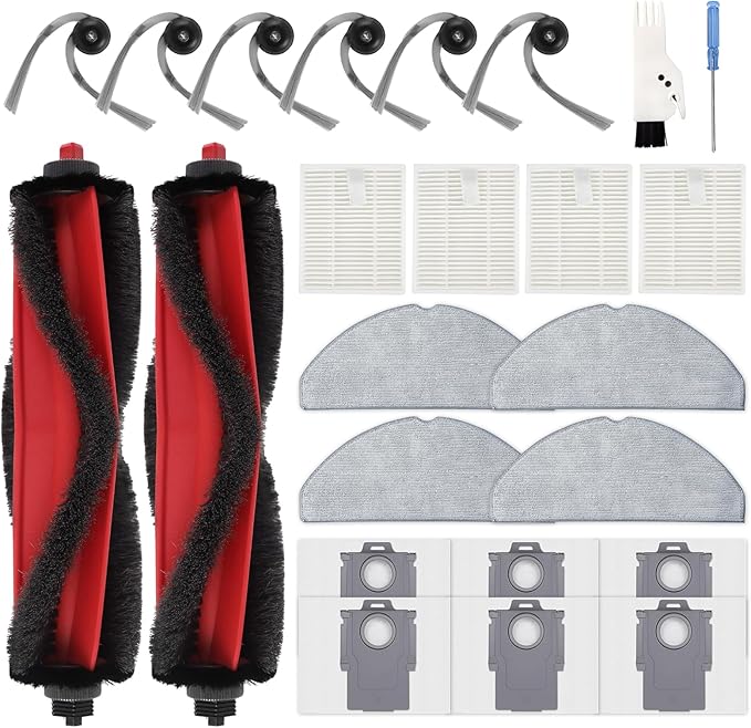 Yivy 24PCS Replacement Parts Compatible with Roborock Q7 M5+/ Q7 M5/Q7 L5/Q7 L5+, 2 Main Brushes, 6 Side Brushes, 4 HEPA Filters, 4 Mop Pads, 6 Dust Bags, 1 Cleaning Brush,1 Screwdriver Spare Parts