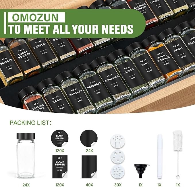 Spice Jars with Label, 24pcs 4oz Glass Spice Jars with Black Lids, Square Spice Containers with 304 Labels and Shaker Inserts, Empty Seasoning Bottles for Drawer, Cabinet, Seasoning Organizer