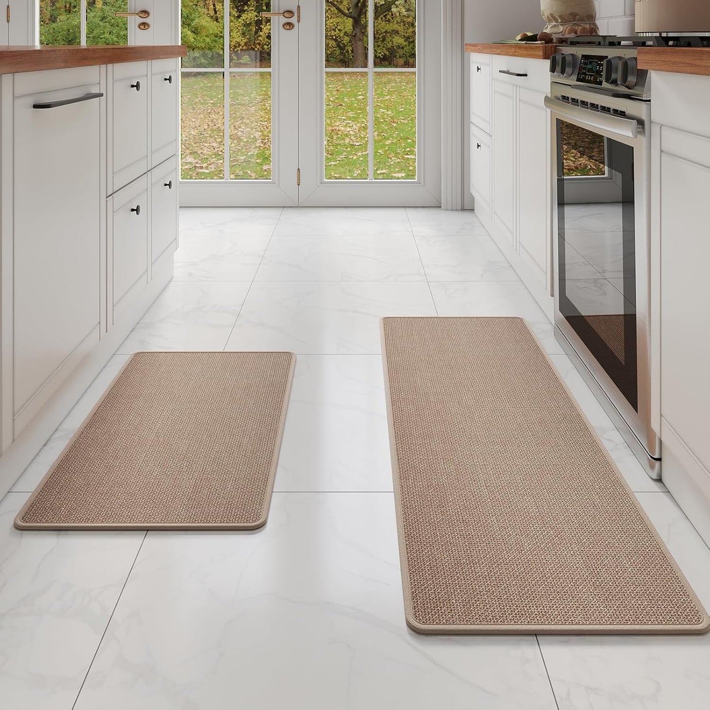 Kitchen mats for Floor Water and Oil Absorbent Runner Rugs for Kitchen, Kitchen Mat in Front of Sink,Non-Slip Kitchen Rugs,Durable Imitation Linen Kitchen Rug Brown 17x30+17x47