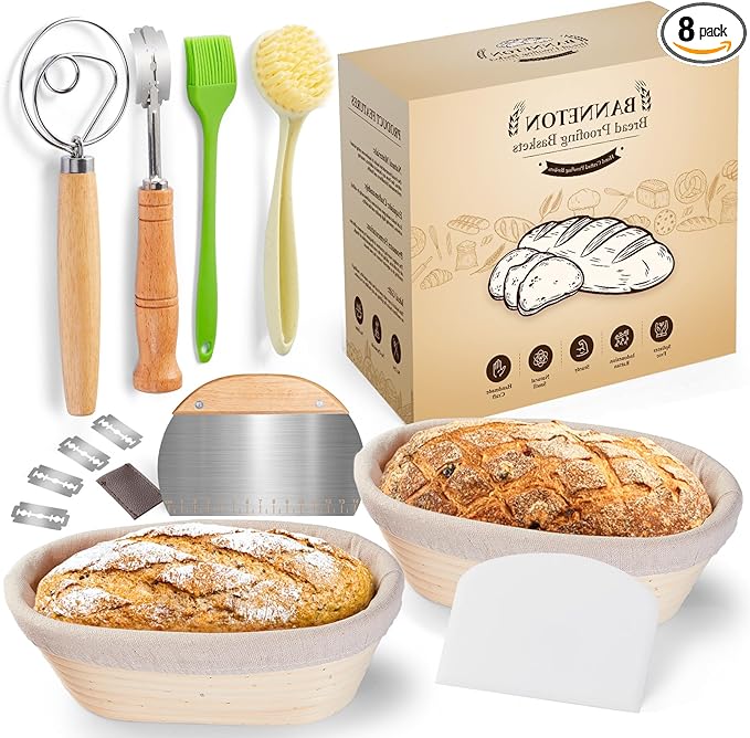 Banneton Bread Proofing Baskets and Sourdough Bread Baking Supplies - Sourdough Starter Kit 10" Oval Set of 2, 6 Accessories