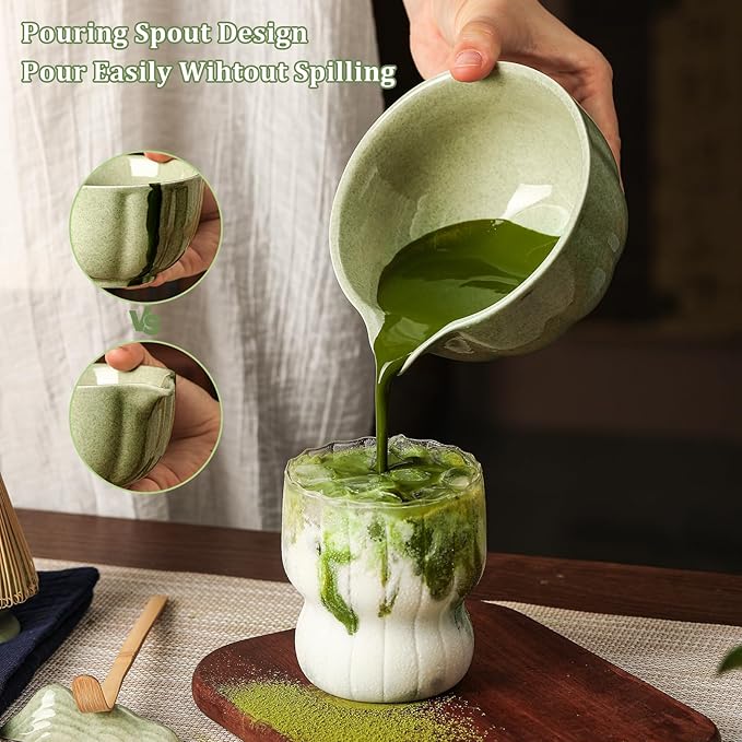 Matcha Whisk Set, 7-Pack Mottled Green Matcha Set - Include Petal Matcha Bowl with Spout, Bamboo Whisk, Chasen Holder, Sifter, Scoop, Tea Towel, Scoop Rest - Perfect Matcha Making Kit for Tea Lover