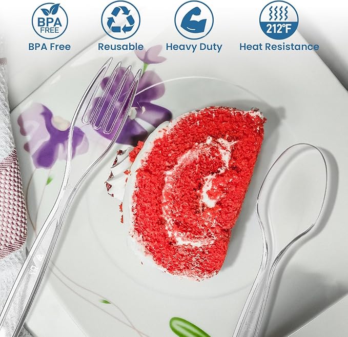 [600 Count] Clear Plastic Utensils 600 clear plastic forks and spoons Disposable 300 Forks and 300 Spoons Silverware Bulk Forks and Spoons Bulk Heat Resistant Heavy Duty Silverware