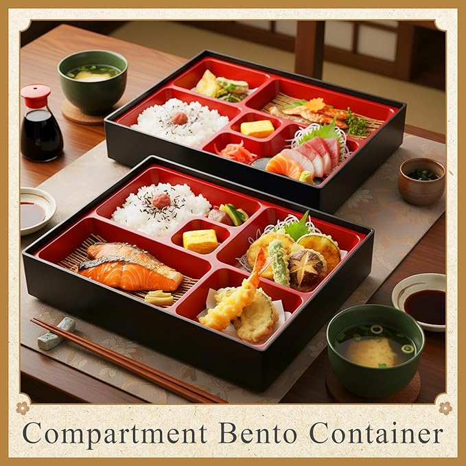 Teenyyou 2 Pcs 10.6 x 8.3 x 2.2 Inch Japanese Bento Box 5 Compartments Divided Lunch Box with Greaseproof Adult Japanese Bento Lunch Container Sushi Home Restaurant