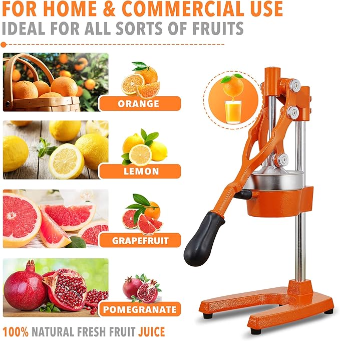19 Inch Height Extra Tall Commercial Heavy Duty Cast Iron Hand Press Manual Orange Citrus Lemon Lime Grapefruit Pomegranate Fruit Juice Squeezer Machine with Stainless Steel Cup
