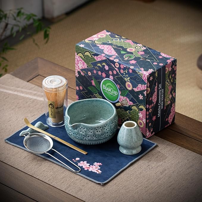 Buucup Matcha Whisk Set, Ceramic Matcha Kit Includes Matcha Bowl, Matcha Whisk and Holder, Bamboo Scoop, Scoop Rest, Sifter and Tea Towel - 7 Pcs Matcha Kit for Matcha Lovers (Blue)