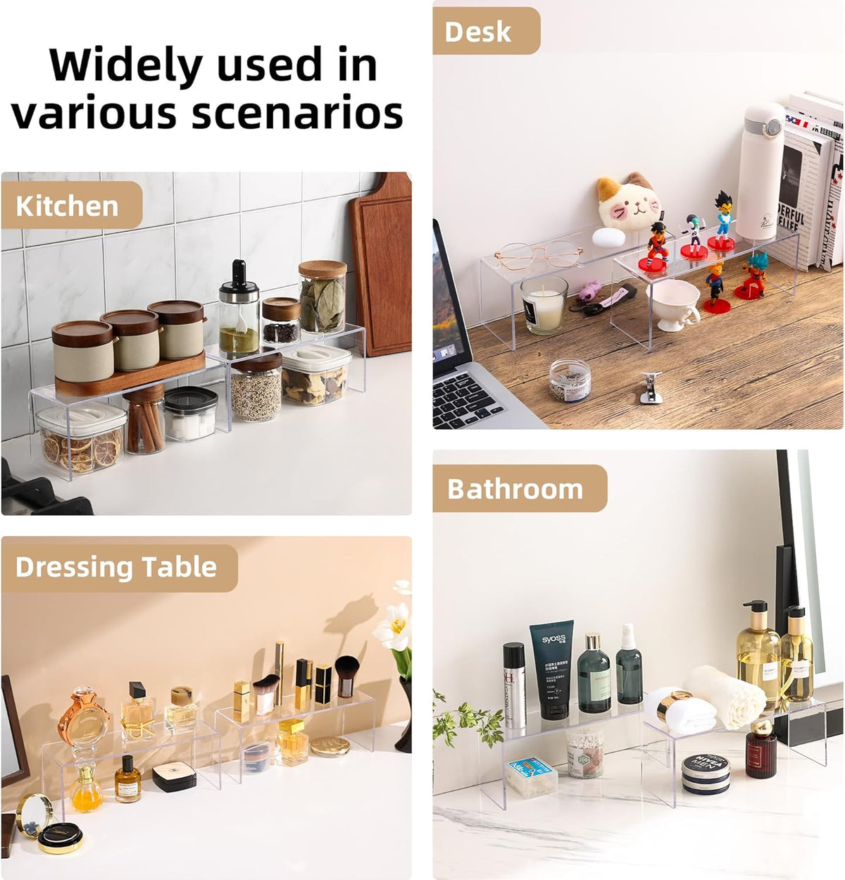 8 Packs Cabinet Organizer Shelf, Acrylic kitchen Cabinet Shelves, Shelf Riser for Dishes, Spices, Soda Cans and Bottles（12.4 x 4 x 4.6 inch）