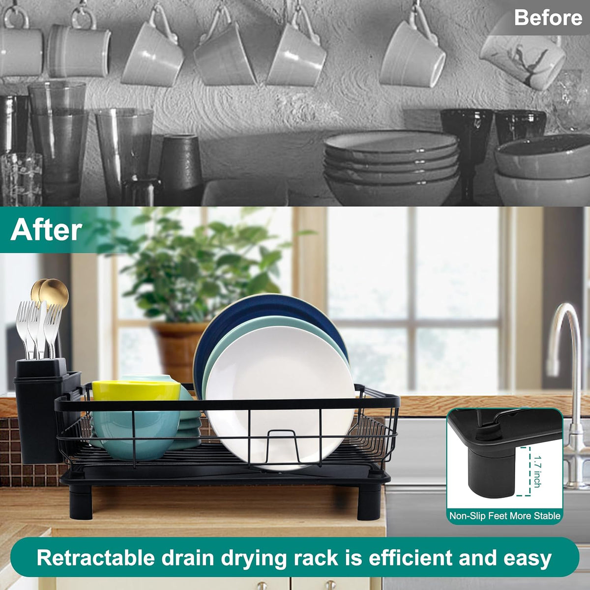 Dish Drying Rack for Kitchen Counter,Space-Saving Dish Rack with Drainboard,Rustproof Countertop Dish Drainer with Utensil Holder for Sink,Black