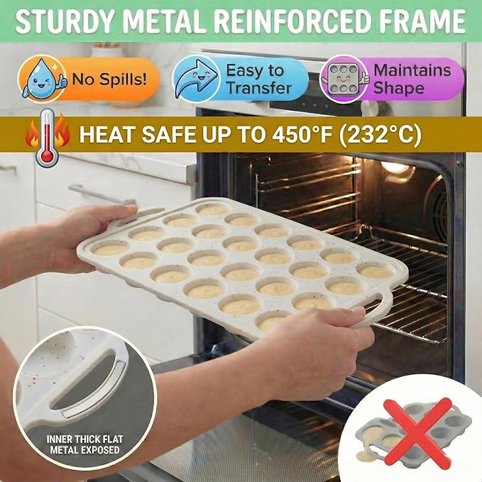 2-Pack Silicone Muffin Pan Set – Regular 12 Cup & Mini 24-Cup Silicone Muffin Pans for Baking – Nonstick Silicone Cupcake Pan with Metal-Reinforced Handles – BPA-Free, Dishwasher-Safe, Cream