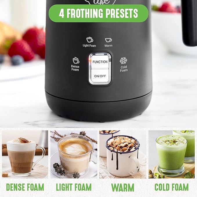 GreenLife Ceramic Electric Milk Frother, 10oz, 4-in-1, Auto Hot and Cold Foam, Dense and Light Foam, PFAS Free, Cordless Milk Warmer and Steamer for Latte, Coffee, Black