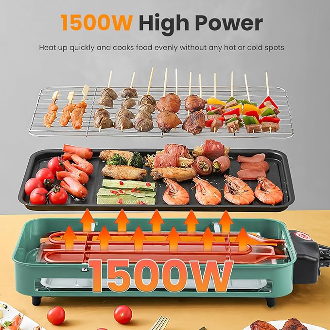 1500W Electric Indoor Grill,2 in 1 Portable Smokeless Indoor Raclette Table Grill,Korean BBQ Grill for Kitchen with Grill Net & Non-Stick Cooking Removable Plate 5 Temperature Control,Dishwasher Safe