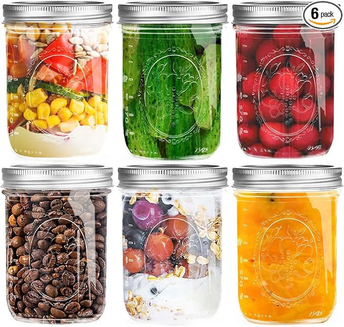 Miuyhji Wide Mouth Mason Jars 16 oz with Lids [6 Pack], Canning Jars with Metal Airtight Lids and Bands, 16 oz Glass Jars for Fermenting, Pickling, Freezing, Preserving, Meal Prep, Jar Décor