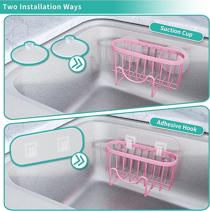 HapiRm Sponge Holder for Kitchen Sink - Sink Caddy with Unique M-Shaped, 2 Installation Methods Kitchen Organizer, Rustproof Stainless Steel Sponge Caddy - Pink