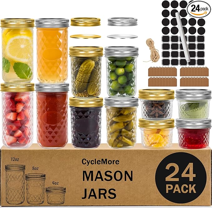 CycleMore 24 Pack Glass Mason Jars, Canning Jars With Bands & Lids, Ideal for Jam, Honey, Wedding/Shower Favors, Spice Jars & DIY - 4 OZ x 8, 8 OZ x 8, 12 OZ x 8 (4oz -8oz-12oz)