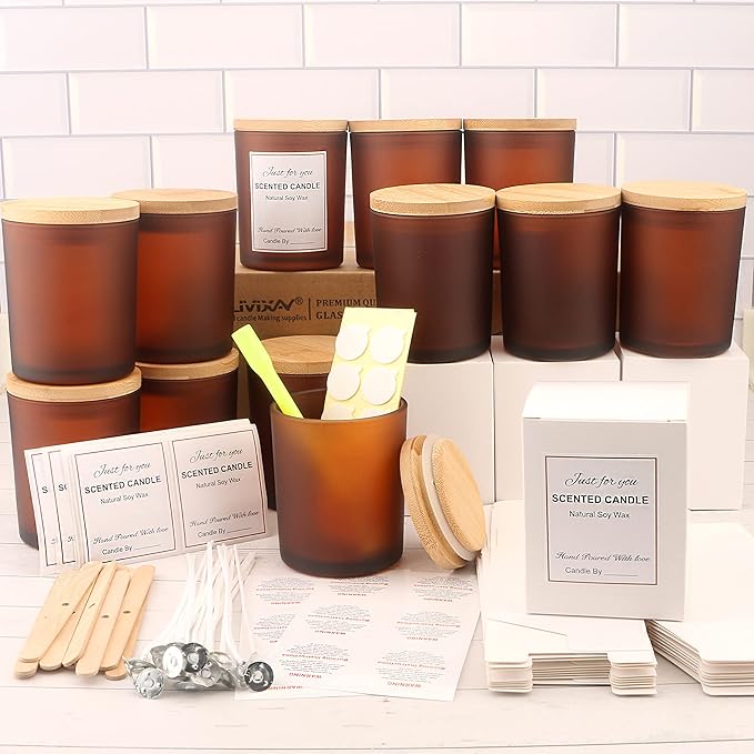 MILIVIXAY 12 Pack 7 OZ Frosted Amber Glass Candle Jars With Lids and Candle Making Kits - Bulk Empty Candle Jars For Making Candles - Spice, Powder Containers.
