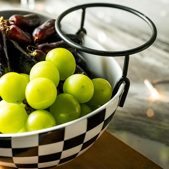 Miamolo Tiered Serving Bowls Chip and Dip Serving Set with Stand, Ceramic Appetizer Serving Dishes Platters and Trays for Parties Entertaining - Checkered Kitchen Decor