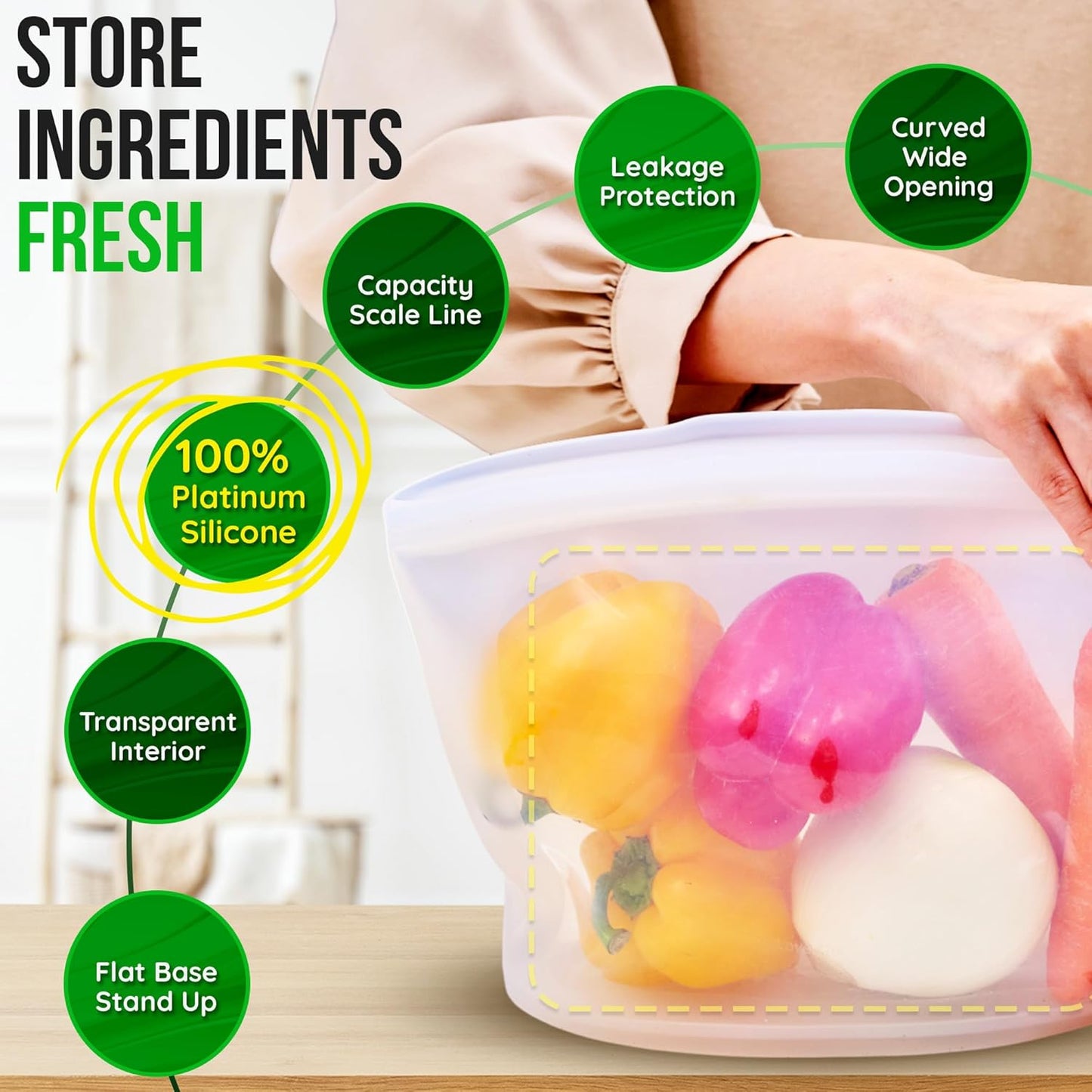 Reusable Silicone Food Storage Bags 10.6Cup (84oz), Airtight Food Storage Containers Food Grade Silicone Snack Bags, BPA Free Food Storage Container, Microwave Safe, Sous Vide Container, Yellow