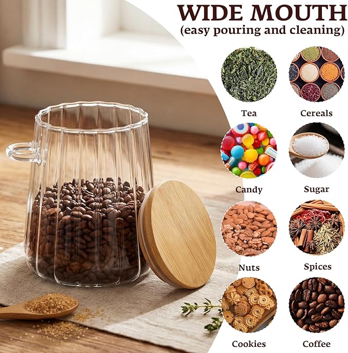 6 Pcs Glass Jar Sugar Container with Bamboo Spoons Lids 24 oz Large Sugar Container Glass Coffee Bowls Canister Coffee Bar Accessories with Labels Preprinted for Salts Tea Spice