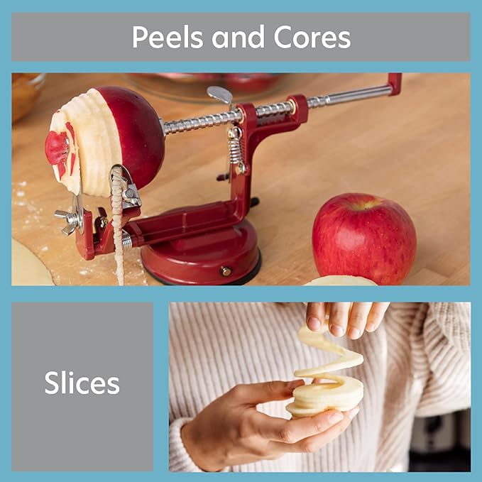 Apple Peeler and Corer- Durable Heavy Duty Chrome Cast Iron w Powerful Countertop Suction, Hand Crank for Fruits, Potatoes or Veggies, Picking Season- Pie, Treat Dessert Baking, Must Have Kitchen Tool