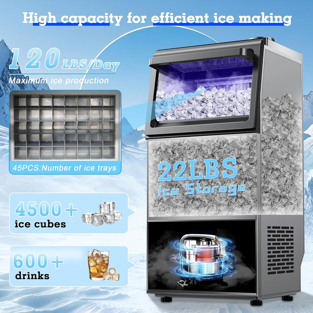 Commercial Ice Maker Machine 120lbs/24H with 22lbs Storage, Stainless Steel Freestanding Ice Machine 45Ice/Cycle 2 Water Inlet Modes, Self-Cleaning Function for Homes Bars Restaurants