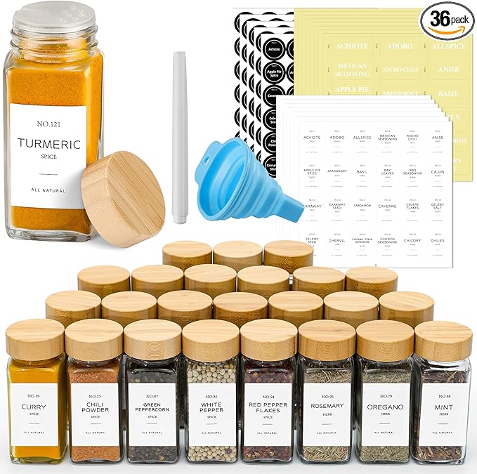NETANY 36 Pcs Glass Spice Jars with Bamboo Lids, 4 oz Glass Jars with Minimalist Farmhouse Spice Labels Stickers, Collapsible Funnel, Seasoning Storage Bottles for Spice Rack, Cabinet, Drawer