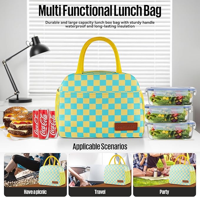 douyadady Lunch Bag Women/Men Lunch Box Women/Men (Yellow+Blue Checkerboard)